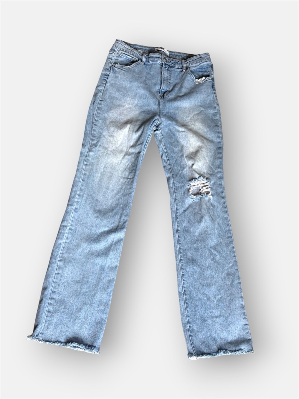 Risen High Rise Distressed Straight Leg Jeans Size 15/32 Light Wash